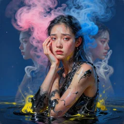 3 d, pink and blue smoke, liquid black and yellow water, sun rays, worry fashion model, sweat skin, liquid black metal, poster art, high detail, intricate oil painting, multiple exposure, deep blue mood, hyperrealism, 3 d, by tooth wu and wlop and beeple and greg rutkowski