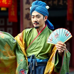 a man in the song dynasty in china, wearing a flowing and gorgeous colorful clothes, a blue gauze turban, two white jade beads on the back of his head, a single - collar green luo tuan flower shirt, a two - tailed turtle - a silver belt tied around his waist, also a pair of kowtows. tide style soap boots, origami nishikawa fan in hand,