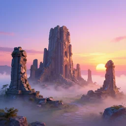 mystical ruins, volumetric lighting, sunrise, vivid, fog, digital art