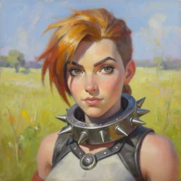 oil painting of tracer overwatch in a field wearing spiked collar around neck, in style of steve henderson, expressive face, wearing choker, steel collar, steel choker, wearing collar on neck, detailed face, detailed eyes, full body, feminine face, tracer overwatch,