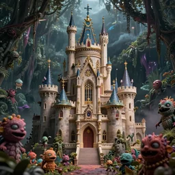 of a beautiful Hyperrealistic Gaudi tall royal castle in the middle of a dark scary smokeysurreal jungle, creepy cute creatures everywhere, macro lens, shallow depth of field, highly detailed, digital painting, trending artstation, concept art, illustration, cinematic lighting, vibrant colors, photorealism, epic, octane render