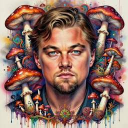 psychedelic mushrooms shamanic dmt art, leonardo dicaprio's inner being, by frank frazetta, by frida kahlo, street art, dripping paint, spray paint, portrait, insanely detailed and intricate, hypermaximalist, elegant, ornate, hyper realistic, super detailed