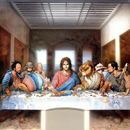 the last supper, one piece characters, manga style, highly detailed lines, tropical island