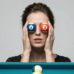 a portrait of a woman with billiardballs for eyes