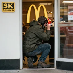 Homeless person robbing a McDonald's, professional photography, 4K