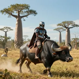 mandalorian riding a buffalo alone, madagascar with baobabs trees in the background, action scene, an epic fantasy, artgerm and greg rutkowski and alphonse mucha, an epic fantasy, volumetric light, detailed, establishing shot, cinematic, photorealistic, hyper detailed, ultra realistic, trending on art station, octane render, midsommar