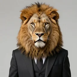 portrait of a lion in a suit, super detailed, hyper realism, sharp focus, stylized, boxart, octane, medium shot