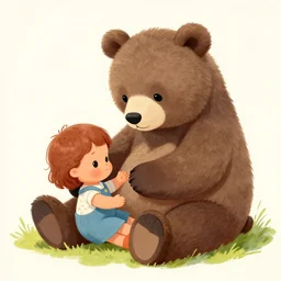 drawing of a bear playing with a doll. digital art.