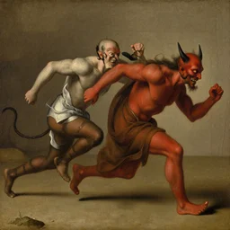 close up of a monk chasing a devil. painting by gertrude abercrombie, jan van eyck
