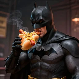 batman eating a hotdog digital art ultra detailed realistic art by greg rutkowski unreal engine 5 ray tracing rtx