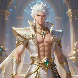 fullbody portrait of a male fit hero with strange hairs, soft smile, baroque cloth, final fantasy, league of legends champion, strong iridescent light, by chengwei pan and sakimichan, gradient white to gold, in front of a magical building background, highly detailed portrait, digital painting, smooth, focus illustration