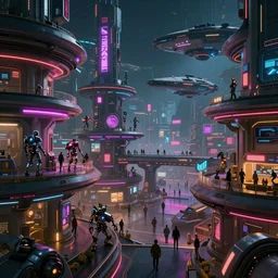a beautiful concept art, cyberpunk 2 0 7 7, futuristic neon space colony terraced in multiple levels, with people walking, cyber robotics creatures, large space ships, scenes from tron or blade runner cinematic, by wayne barlow, greg rutkowski, dark night, hyper detailed, vibrant, fantasy, 8 k hdr, digital, artstation, cg