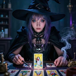 close up photo, dramatic lighting, concentration, calm confident cyberpunk teen kat denning witch and her cat, tarot cards displayed on the table in front of her, sage smoke, magic wand, dark fantasy art, a witch hat and cape, apothecary shelves in the background., by yoji shinkawa neon