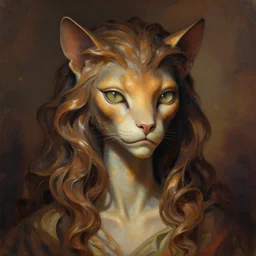 detailed portrait in femininity, regal alien, feline, realistic face sculpted features, specular eyes, statuesque model, natural skin, flowing ruffled hair, warm glow, subsurface scattering, avant garde fashion, chiaroscuro, organic impressionism, dappled backdrop, deep rich color, digital illustration
