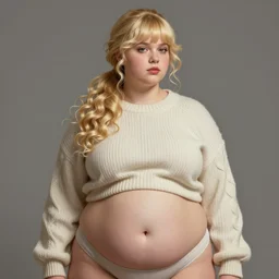 full body portrait, teenage lili reinhart, blonde hair, obese, bangs, ponytail, sultry, realistic, sweater, fluffy bangs, fully clothed, curly bangs, fat, belly, intricate, elegant, highly detailed, digital painting, artstation, concept art, smooth, sharp focus, illustration, art by wlop, mars ravelo and greg rutkowski