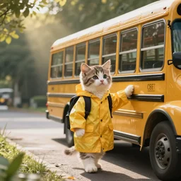 a cute kitten in a raincoat getting on a school bus on the first day of school