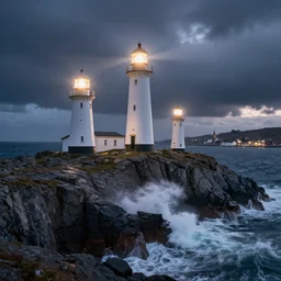 Three lighthouses on dramatic rocky cliff, bright lighthouse beacons, large waves hitting the cliff, small nordic mythical town in the background, dark stormy clouds, dawn, fantasy, cinematic, dramatic lighting, photorealistic, unreal engine, artstation, detailed, 4k