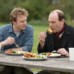 photo of jeffrey dahmer and hannibal lecter eating lunch at a picnic table, highly detailed, 4 k
