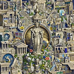 azimuth matte painting of Atlantis town  zeus tower stone dress statue pantheon ivy plant grow flower in marble incrusted of legends and flag dynasty in the hill grec temple olymp glory in moon night  by Frank Lloyd Wright and Zaha Hadid stylized 3d volume depth light, artstation, cgsociety, golden ratio hdr tone gta5 cover overlay , official fanart behance hd by Jesper Ejsing, by RHADS, Makoto Shinkai and Lois van baarle, ilya kuvshinov, rossdraws global illumination