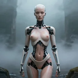 Masterpiece full body portrait of a beautiful female cyborg with a beautiful face and flawless skin whose head, chest, and pelvis are flesh, and the rest of her body is robotic, in a surreal dream landscape, eerie fog, cinematic lighting, 8k