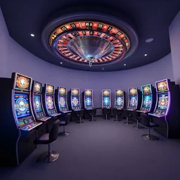 minimalistic extreme wide angle curved perspective digital art of indoor casino with alien shaped slot machines, with roulettes in the roof, by anton fadeev from nightmare before christmas, 8 k, pixar movie
