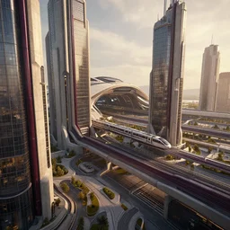 futuristic city center with maglev train station in background, modern landscape architectural design for industrialpunk concrete and glass, maroon metallic accents, gorgeous lighting, golden hour, cyberpunk, 2077, dramatic lighting and composition, photography, 8k, origin 100i, star citizen, isometric