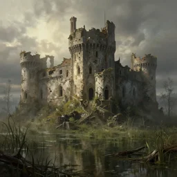 a ruined castle in a swamp, by greg rutkowski and marc simonetti, digital art, realistic painting, very detailed, cinematic lighting, volumetric lighting 4 k, octane render, trending on artstation