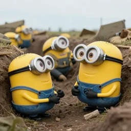 Minions suffering from shell shock in the world war 2 trenches, colorized, cinematic lighting, realistic, award winning photograph