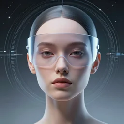 retrofuturistic portrait of a woman minimal cybernetic facial enhancements, smooth transparent visor, reflective gradient, intricate space graphics in background, close up, quint buchholz, wlop, dan mumford, artgerm, liam brazier, peter mohrbacher, raw, featured on artstation, octane render, cinematic, elegant, intricate, 8 k