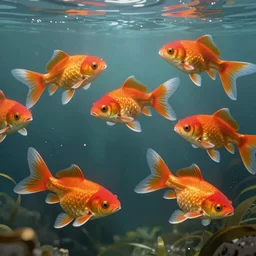 An aesthetically pleasing, dynamic, energetic, lively, well-designed digital art of goldfish in a pond viewed from underwater, light and shadow, chiaroscuro, by Ohara Koson, superior quality, masterpiece, excellent use of negative space. 8K, superior detail, widescreen.
