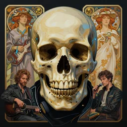 a beautiful painting of a cyberpunk skull, music, by sachin teng and pascal blanche and alphonse mucha and nekro and josan gonzalez, in style of vector art.