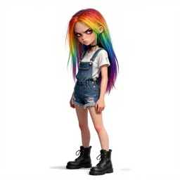a grungy woman with rainbow hair, drunk, angry, soft eyes and narrow chin, dainty figure, long hair straight down, torn overalls, short shorts, combat boots, basic white background, side boob, raining, wet tshirt, symmetrical, style of by Jordan Grimmer and greg rutkowski, crisp lines and color,