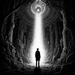 a lonely man seeking truth, radiant light, detailed and intricate environment, digital art, trending on art station kvlt by peder balke by peder balke by guido crepax by norman bluhm mystic high contrast monochromatic noir