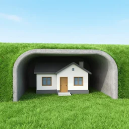 photo of a house inside an underground bunker, fake grass, fake sky