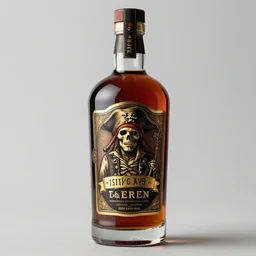 pirate inspired rum packaging design, dark rum, gold foil, detailed, label and bottle, premium quality, front view, glass bottle, packaging design