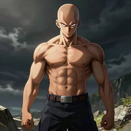 shirtless mascular saitama posing, bodybuilder, art by daniel gerhartz, artstation