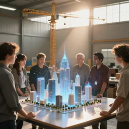 group of people in simple warehouse, surrounding and looking at hologram of futuristic city on a table, cinematic concept art, godrays, golden hour, natural sunlight, 4 k, clear details, tabletop model buildings, center model buildings, hologram center, crane shot, crane shot, crane shot