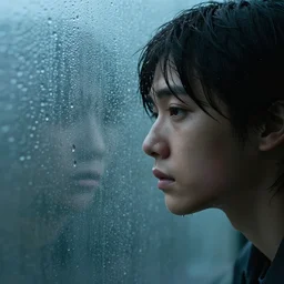young person looking through water wall, with clear glass, melancholic, sad, lots of raindrops, detailed, cinematic, dramatic lighting, by kelly freas