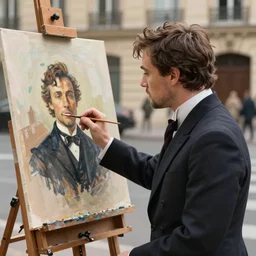 ewan mcgregor is dressed as a gentleman at early 2 0 th century paris. he is watching an easel. that easel has a canvas on it. ewan mcgregor has a brush on his hand. he is painting a painting. realistic painting with strong outlines