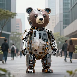 a bear made of robot parts that lives in a cool city with nice people