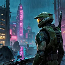 close shot of a lonesome odst looking at the rainy fallen city of alexandria in halo odst by sandra chevrier, moebius, atmospheric, fine details, vivid, neon, masterpiece