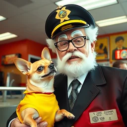 a person who is a mixture of ronald mcdonald and colonel sanders and the taco - bell chihuahua, inside a fast - food restaurant.