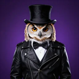 one charming looking owl wearing black biker jacket, portrait photo, backlit, background rich purple, studio photo, suit, bow tie, tophat, tophat