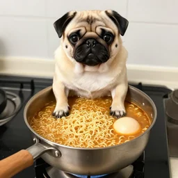 An adorable pug sitting in a pot of ramen noodle soup atop a stove, high resolution photograph