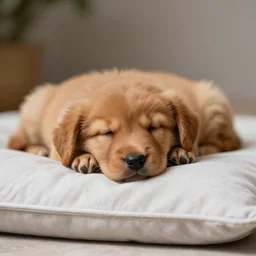 an adorable red puppy sleeping on a pillow