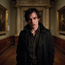 night portrait of a neurotic forty two year old british man ( ( vampire ) ) feeling confidant in a grungy museum f / 1. 4 hdr