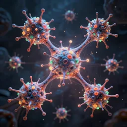 quantum connections represented as symbiotic organisms like cells playing around with colorful lights, abstract, concept art