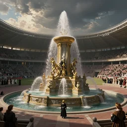magical ancient fountain on a stadium. by henriette ronner - knip, by william henry hunt, by rembrandt, by joseph mallord william turner, by konstantin razumov, concept art,