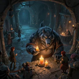 point perspective dungeon dangerous fantasy dungeon the chubby werewolf merchant Trinn is selling fuzzy candles,by artgerm and Craig Mullins, James Jean, Andrey Ryabovichev, Mark Simonetti and Peter Morbacher 16k