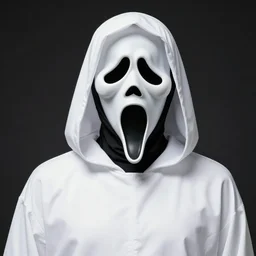 white cloaked superhero with a white full ghost mask no mouth and huge black hole - eyes, and a noose knot rope around his neck hyperdetailed comic book illustration